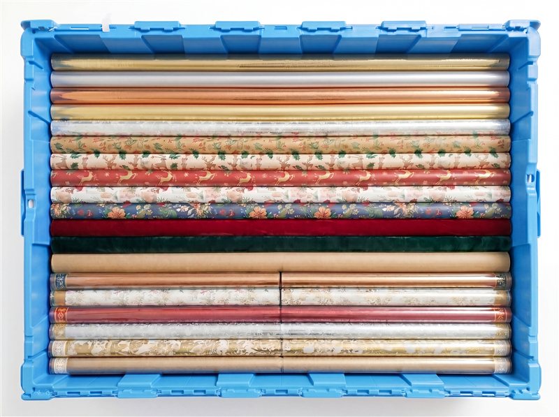 Wrapping papers stored in a large Fort Lox box